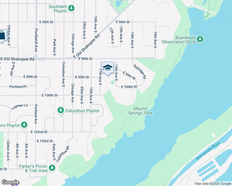 map of restaurants, bars, coffee shops, grocery stores, and more near 1301 East 100th Street in Bloomington
