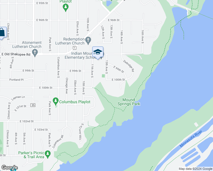 map of restaurants, bars, coffee shops, grocery stores, and more near 1301 East 100th Street in Bloomington