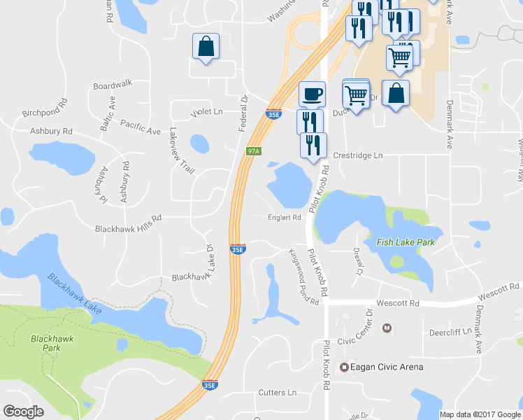 map of restaurants, bars, coffee shops, grocery stores, and more near 1473 Englert Road in Eagan