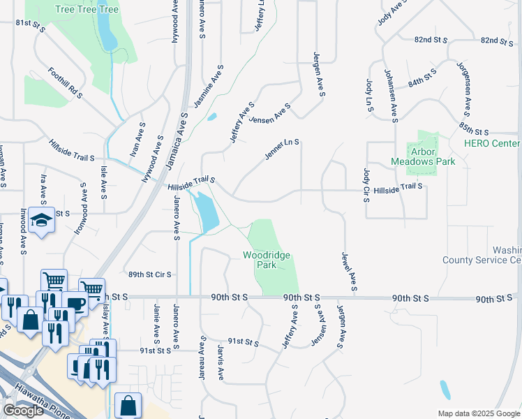 map of restaurants, bars, coffee shops, grocery stores, and more near 9243 Hillside Trail South in Cottage Grove