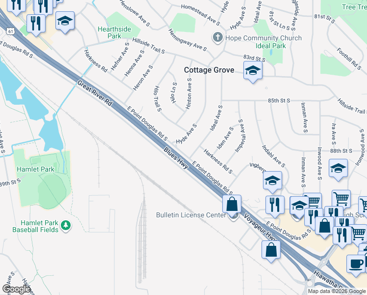 map of restaurants, bars, coffee shops, grocery stores, and more near 7910 East Point Douglas Road South in Cottage Grove