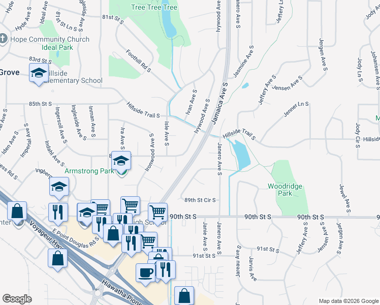map of restaurants, bars, coffee shops, grocery stores, and more near 8715 Ivywood Avenue South in Cottage Grove