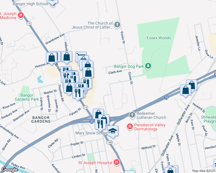 map of restaurants, bars, coffee shops, grocery stores, and more near 152 East Broadway in Bangor