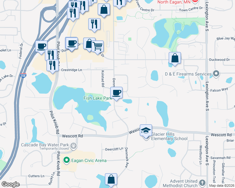 map of restaurants, bars, coffee shops, grocery stores, and more near 1163 Timbershore Lane in Eagan