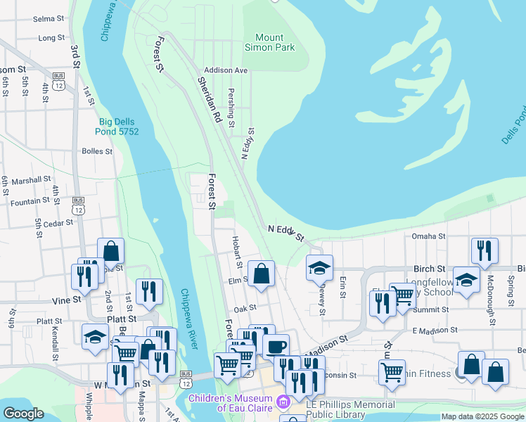map of restaurants, bars, coffee shops, grocery stores, and more near 825 North Eddy Street in Eau Claire