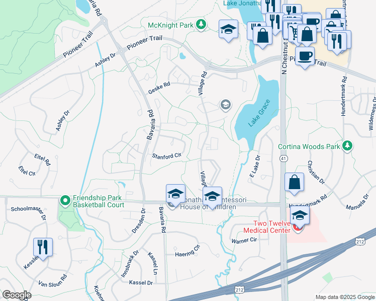 map of restaurants, bars, coffee shops, grocery stores, and more near 110152 Stanford Circle in Chaska