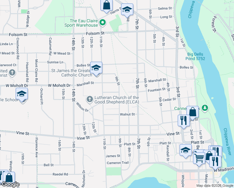 map of restaurants, bars, coffee shops, grocery stores, and more near 903 Fountain Street in Eau Claire
