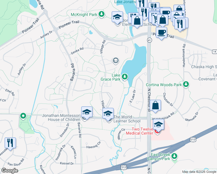 map of restaurants, bars, coffee shops, grocery stores, and more near 1108 Village Road in Chaska