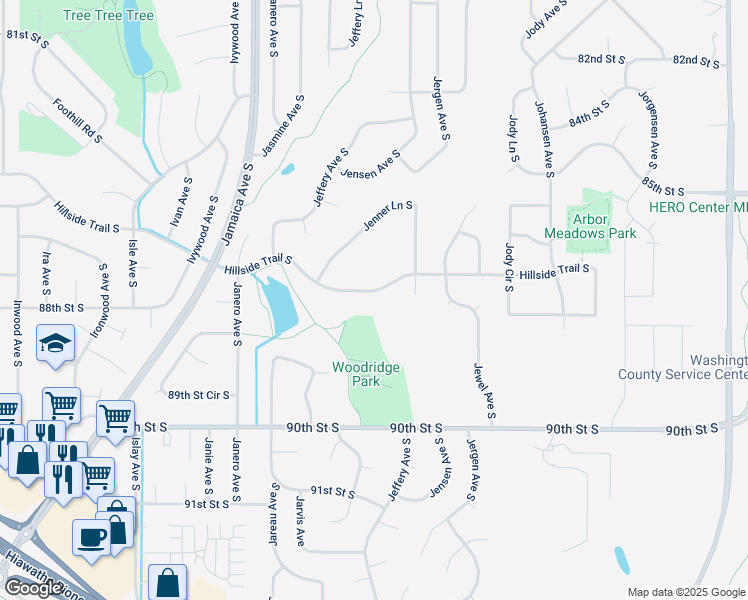 map of restaurants, bars, coffee shops, grocery stores, and more near 9243 Hillside Trail South in Cottage Grove