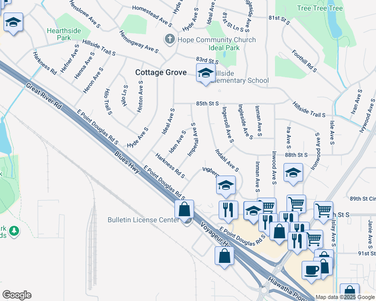 map of restaurants, bars, coffee shops, grocery stores, and more near 8732 Imperial Avenue South in Cottage Grove