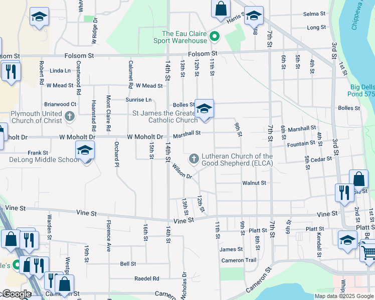 map of restaurants, bars, coffee shops, grocery stores, and more near 2417 13th Street in Eau Claire