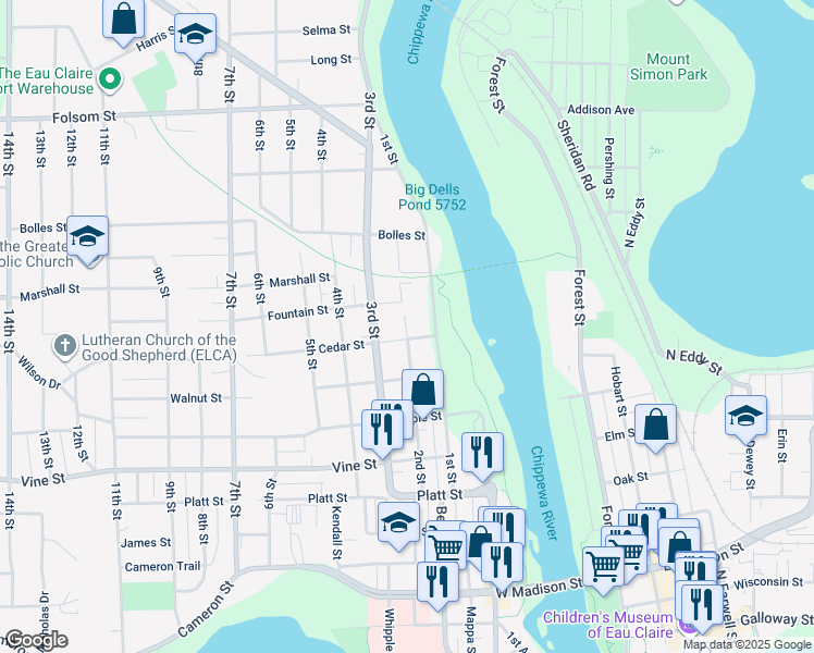 map of restaurants, bars, coffee shops, grocery stores, and more near 2320 2nd Street in Eau Claire