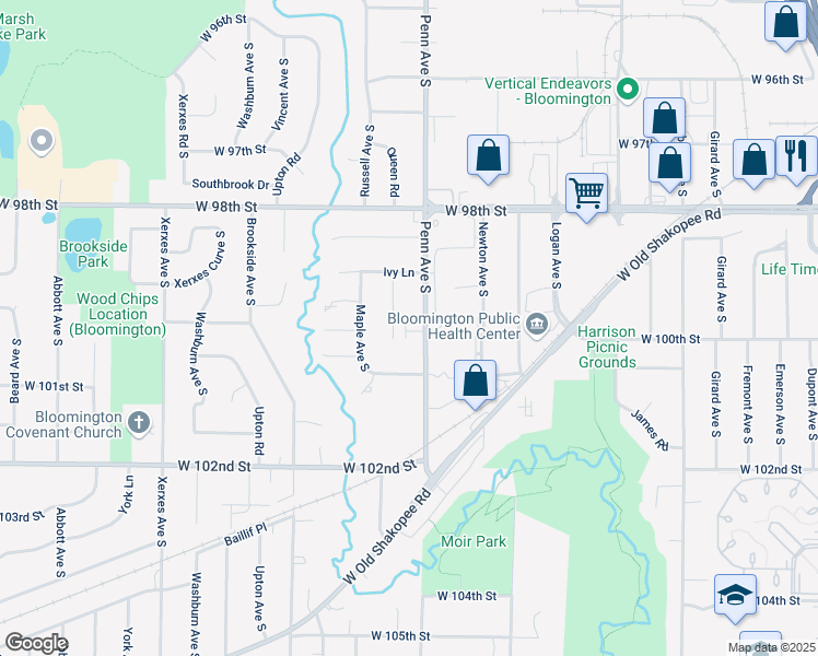 map of restaurants, bars, coffee shops, grocery stores, and more near 9940 Penn Avenue South in Minneapolis