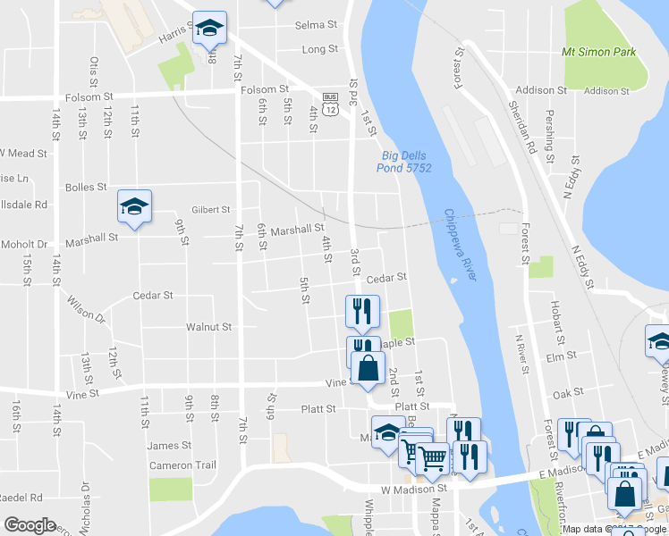 map of restaurants, bars, coffee shops, grocery stores, and more near 2321 4th Street in Eau Claire