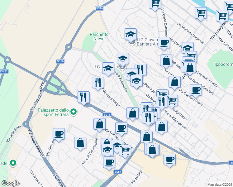 map of restaurants, bars, coffee shops, grocery stores, and more near 2 Via Umberto Saba in Ferrara