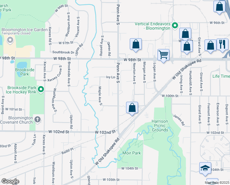 map of restaurants, bars, coffee shops, grocery stores, and more near 9940 Penn Avenue South in Minneapolis