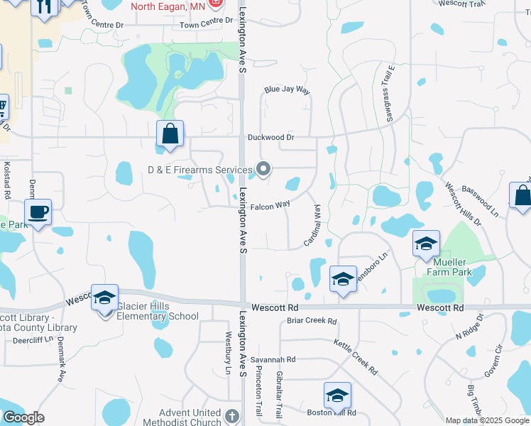 map of restaurants, bars, coffee shops, grocery stores, and more near 3696 Falcon Way in Eagan