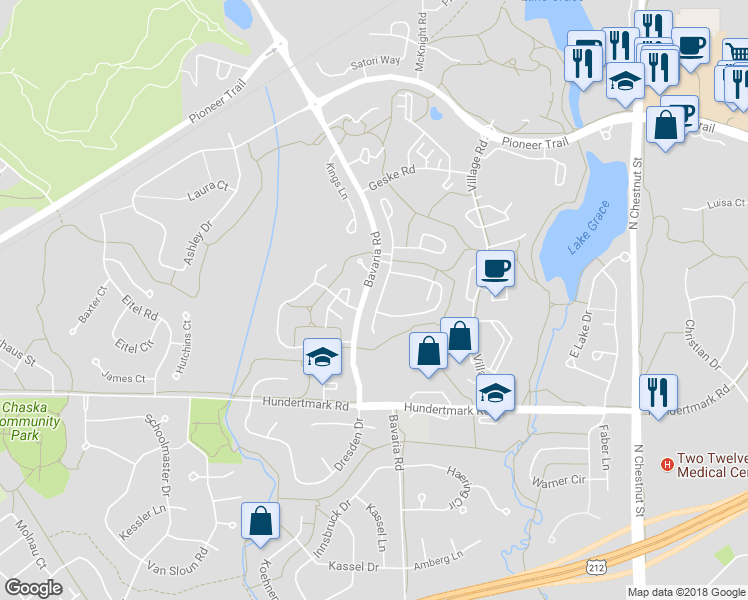map of restaurants, bars, coffee shops, grocery stores, and more near 110181 Friendship Lane South in Chaska