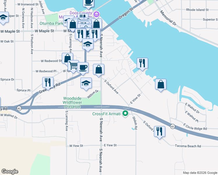 map of restaurants, bars, coffee shops, grocery stores, and more near 517 South Oxford Avenue in Sturgeon Bay