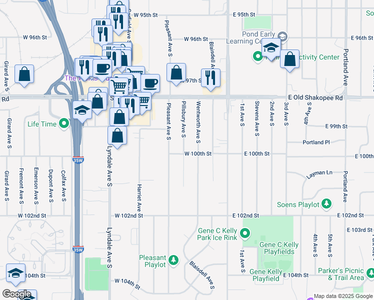 map of restaurants, bars, coffee shops, grocery stores, and more near 9951 Pillsbury Avenue South in Minneapolis