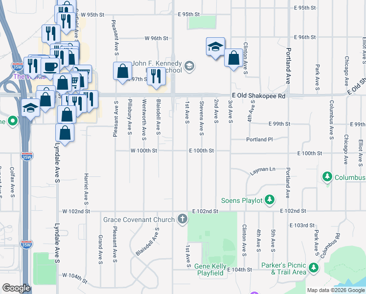 map of restaurants, bars, coffee shops, grocery stores, and more near 9916 1st Avenue South in Minneapolis