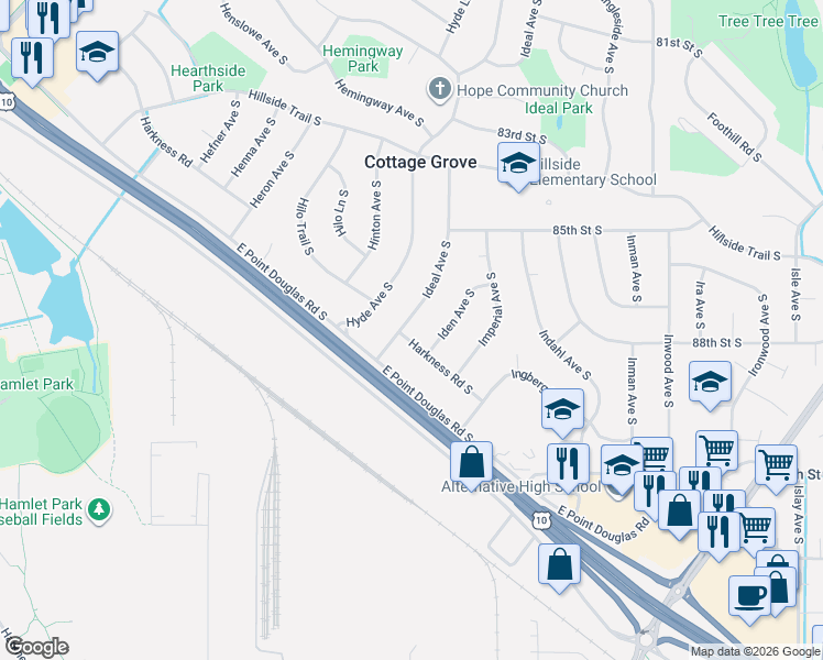 map of restaurants, bars, coffee shops, grocery stores, and more near 7312 Harkness Road in Cottage Grove