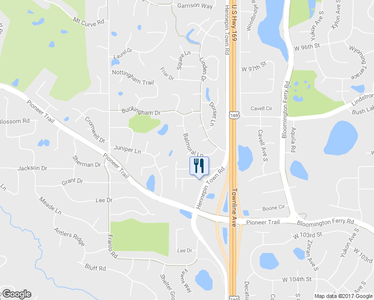 map of restaurants, bars, coffee shops, grocery stores, and more near 9916 Balmoral Lane in Eden Prairie