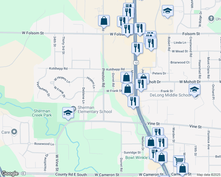 map of restaurants, bars, coffee shops, grocery stores, and more near 2308 Dorret Road in Eau Claire