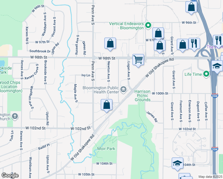 map of restaurants, bars, coffee shops, grocery stores, and more near 2050 West 100th Street in Minneapolis