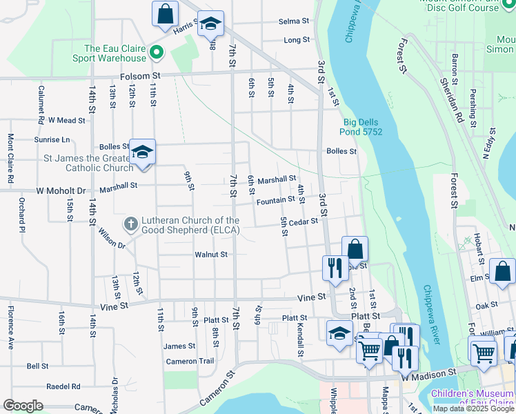map of restaurants, bars, coffee shops, grocery stores, and more near 529 Fountain Street in Eau Claire