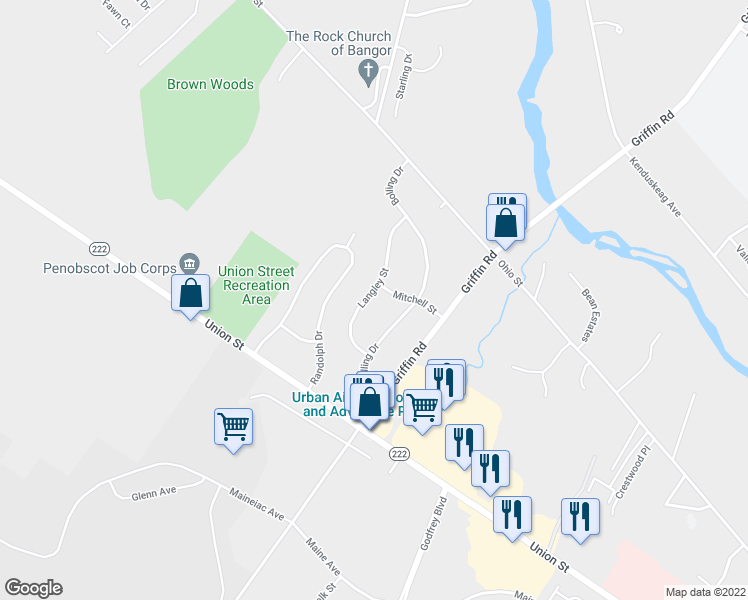 map of restaurants, bars, coffee shops, grocery stores, and more near 63 Langley Street in Bangor