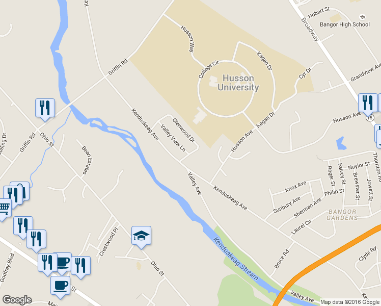 map of restaurants, bars, coffee shops, grocery stores, and more near 23 Glenwood Drive in Bangor