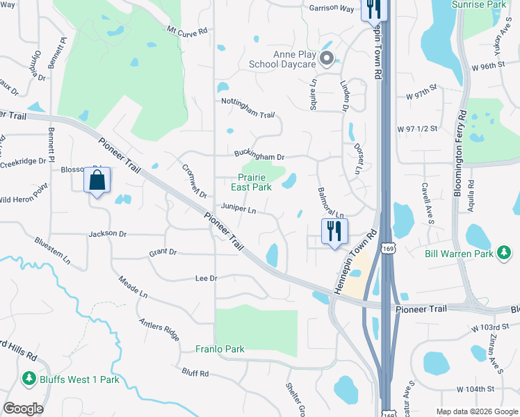 map of restaurants, bars, coffee shops, grocery stores, and more near 10330 Juniper Lane in Eden Prairie