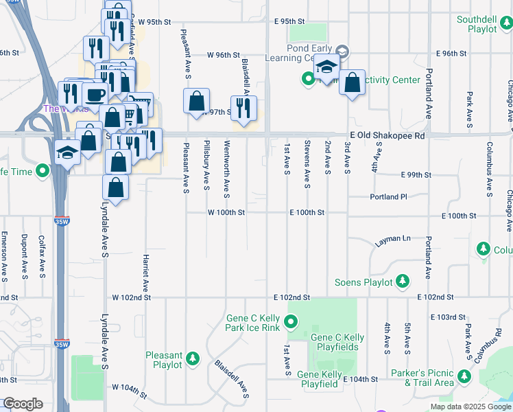 map of restaurants, bars, coffee shops, grocery stores, and more near 9920 Nicollet Avenue in Minneapolis
