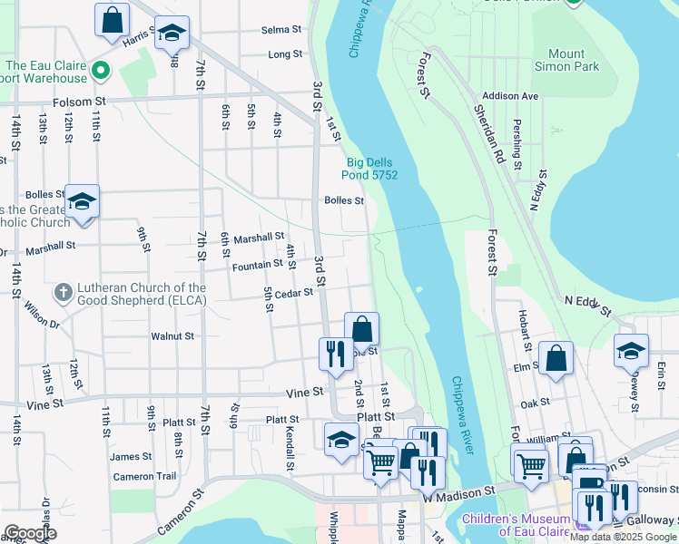 map of restaurants, bars, coffee shops, grocery stores, and more near 2320 2nd Street in Eau Claire
