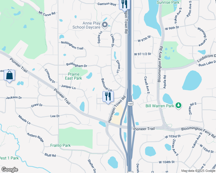 map of restaurants, bars, coffee shops, grocery stores, and more near 9916 Balmoral Lane in Eden Prairie
