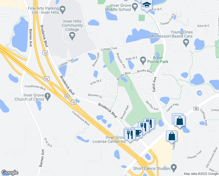map of restaurants, bars, coffee shops, grocery stores, and more near 2853 87th Street East in Inver Grove Heights