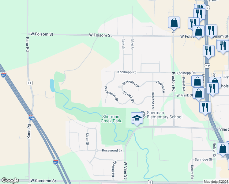 map of restaurants, bars, coffee shops, grocery stores, and more near 2253 Vesterheim Street in Eau Claire