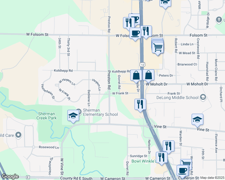 map of restaurants, bars, coffee shops, grocery stores, and more near 2308 Dorret Road in Eau Claire