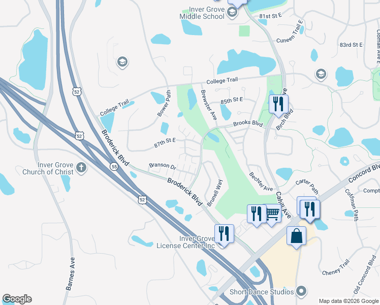map of restaurants, bars, coffee shops, grocery stores, and more near 8740 Brunell Way in Inver Grove Heights