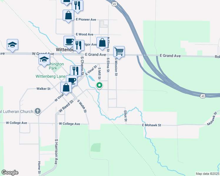 map of restaurants, bars, coffee shops, grocery stores, and more near 408 South Ellms Street in Wittenberg
