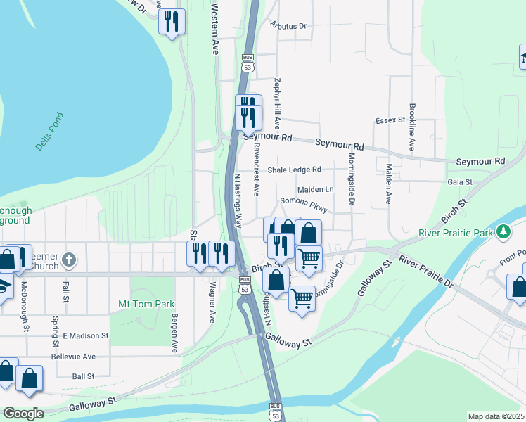 map of restaurants, bars, coffee shops, grocery stores, and more near 2504 Somona Parkway in Eau Claire