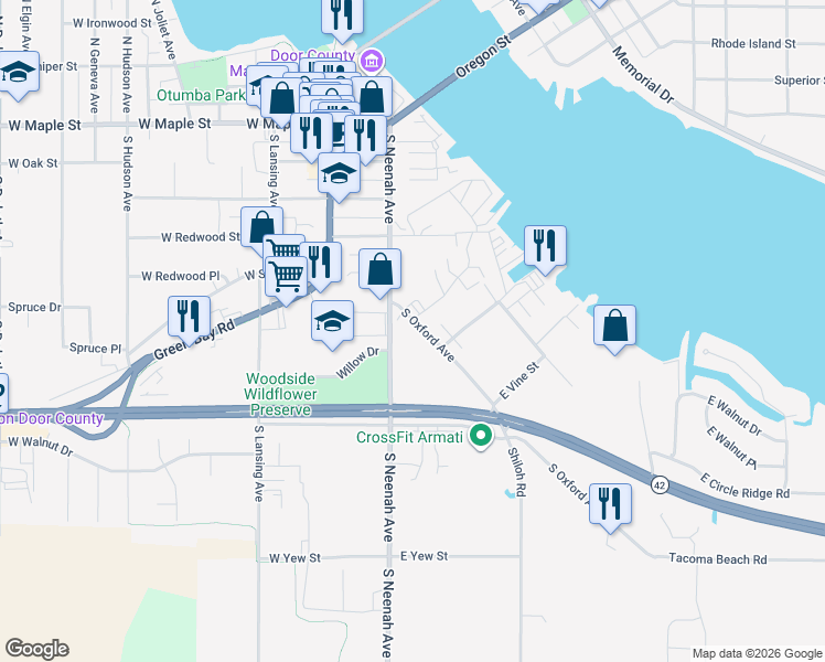 map of restaurants, bars, coffee shops, grocery stores, and more near 517 South Oxford Avenue in Sturgeon Bay