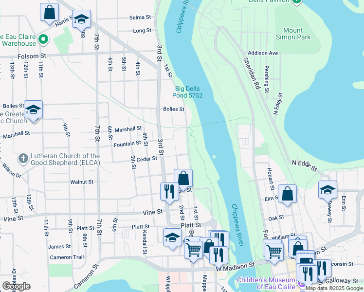map of restaurants, bars, coffee shops, grocery stores, and more near 2300 1st Street in Eau Claire