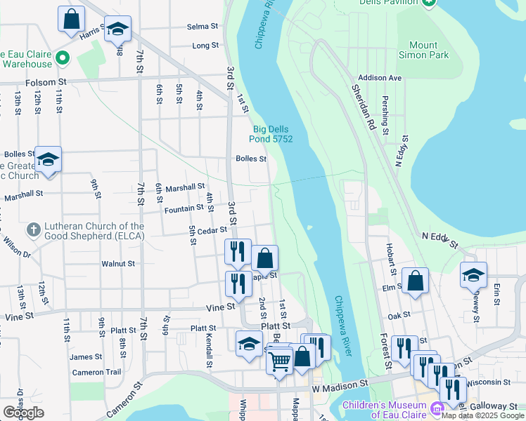 map of restaurants, bars, coffee shops, grocery stores, and more near 2300 1st Street in Eau Claire