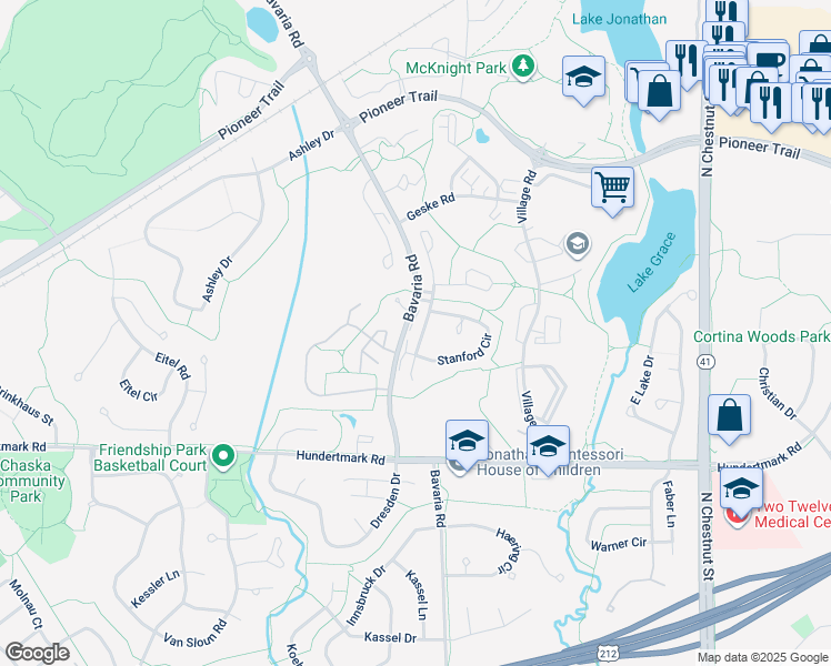map of restaurants, bars, coffee shops, grocery stores, and more near 110181 Friendship Lane South in Chaska