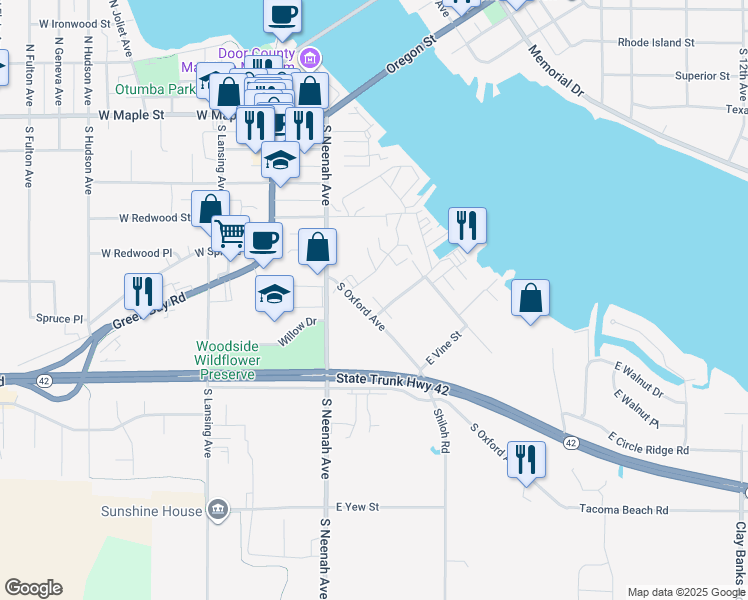 map of restaurants, bars, coffee shops, grocery stores, and more near 175 Nautical Drive in Sturgeon Bay