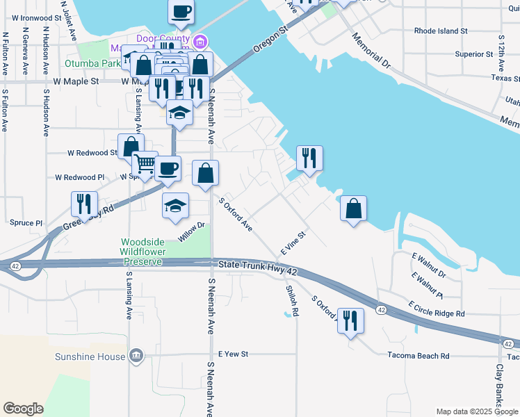 map of restaurants, bars, coffee shops, grocery stores, and more near 175 Nautical Drive in Sturgeon Bay