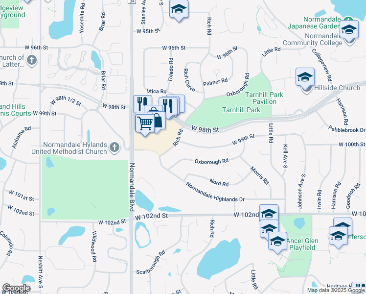 map of restaurants, bars, coffee shops, grocery stores, and more near 9909 Rich Road in Minneapolis