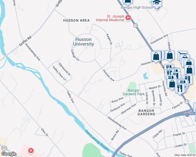 map of restaurants, bars, coffee shops, grocery stores, and more near 18 Nicole Court in Bangor
